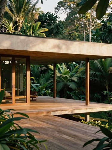 Warm editorial architectural photograph of a modern minimalist tropical villa, teak wood deck, lush jungle foliage framing the terrace, soft morning light