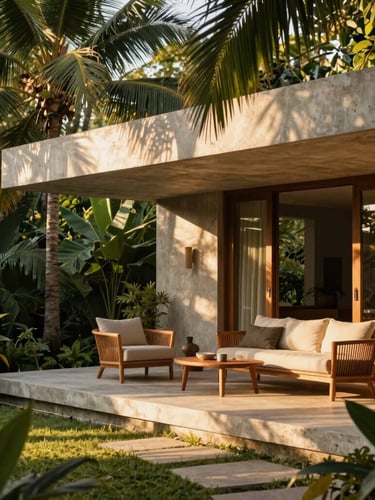 Warm editorial portrait of a modern concrete and teak wood casita terrace, dappled golden-hour sunlight filtering through lush palm fronds, high-end outdoor furniture.