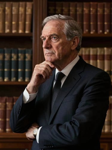 Dignified portrait of senior legal counsel in a dark tailored suit, deep thought, warm low-key side lighting, dark wood library background with leather-bound books, cinematic editorial photography