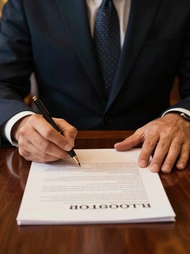 Close-up of hands signing formal legal documents on a majestic dark mahogany desk, warm focused lighting, professional corporate legal setting, cinematic editorial