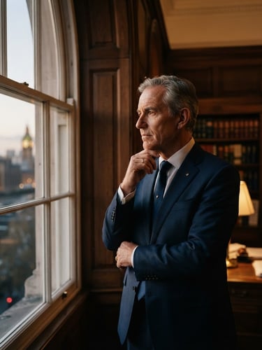 Cinematic editorial portrait of a senior legal counsel in a deep navy suit, looking thoughtfully out a high courtroom window, warm low-key side-lighting, dark wood office background, 35mm lens