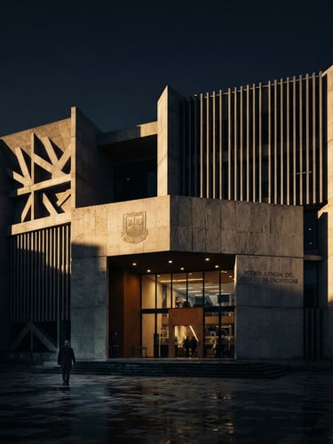 Cinematic editorial photography of a modern courthouse facade in Zacatecas, low-key dramatic side-lighting, deep navy shadows and warm gold highlights, 35mm lens