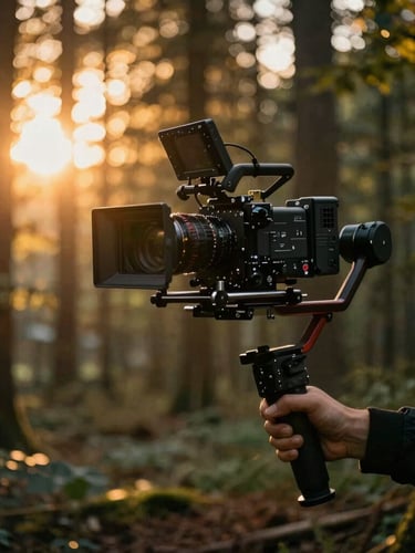 High-end cinema camera rig mounted on a stabilizer tracking through a dense forest at golden hour, dramatic lens flare, rich warm tones.