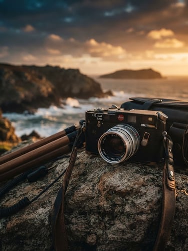 Widescreen cinematic composition of high-end camera gear on location at golden hour, deep moody shadows, 35mm lens.