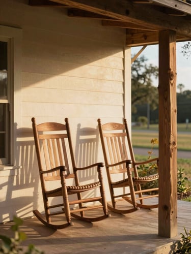 Portrait-oriented photograph of a warm, sunlit Texas front porch with two wooden rocking chairs, soft golden hour light, rustic cedar columns, inviting and safe atmosphere.