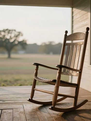 Warm morning light hitting a rustic wooden front porch in Texas, a rocking chair, soft focus, peaceful negative space.