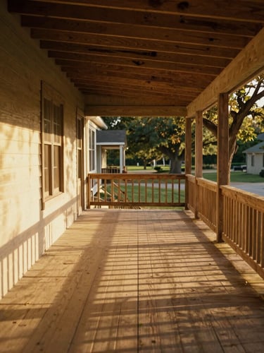 Grounded view of a sunlit wooden front porch in Texas, warm golden light casting long shadows across the floorboards