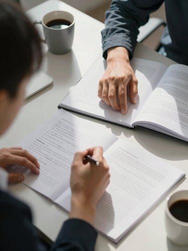 Close overhead view of two people leaning into a table covered with open documents and handwritten notes, north-facing office daylight, one hand resting on a page mid-review, coffee cup at the edge of frame