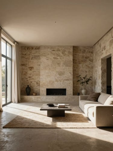Wide-angle architectural interior of a sun-drenched minimalist living room with raw stone walls, linen drapery, and north-facing daylight.