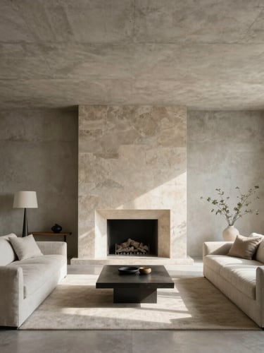 Wide architectural crop of a minimalist sun-drenched living room with high concrete ceilings, raw stone fireplace, and soft north-facing daylight casting subtle shadows on linen furniture.