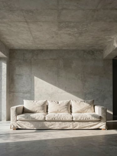 Wide-angle architectural shot of a sun-drenched living room with high ceilings, minimalist concrete walls, soft north-facing daylight casting long shadows, pristine linen sofa.