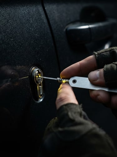 Macro close-up of a professional locksmith's hands using a precision decoder tool inside a luxury car door lock, dramatic high-contrast lighting with safety yellow reflections, sharp metallic textures, dark background.