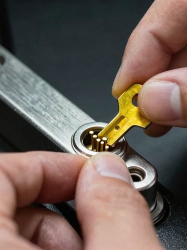 Macro close-up of a professional locksmith's hand aligning the brass pins inside a residential lock cylinder, high-contrast urban lighting, sharp focus on metallic textures.