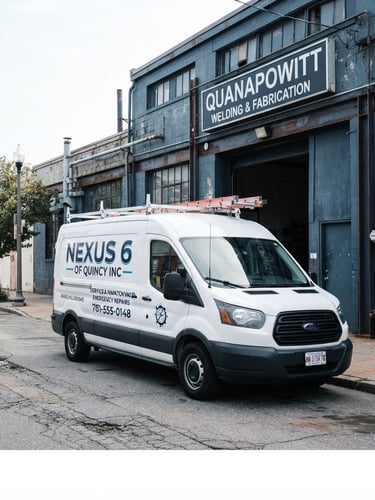 Branded NEXUS 6 OF QUINCY INC service vehicle parked clearly in front of a local Quincy business, bright daylight, industrial blue and slate tones.