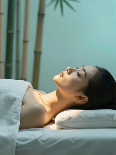 Vertical portrait of a serene face resting on a massage table, a precise beam of warm yellow light directed onto the shoulder, soft cyan ambient light, elegant bamboo stalks in the blurred background, 35mm lens.