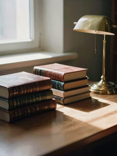 Close-up of an empty library study desk with stacked leather-bound volumes and a brass lamp, soft natural interior window light, deep shadows, 35mm lens.