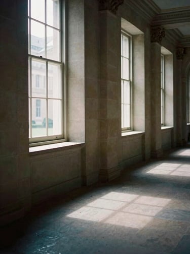 Soft natural interior window light illuminating the quiet, empty stone hallway of a classical research institute, deep shadows, 35mm lens