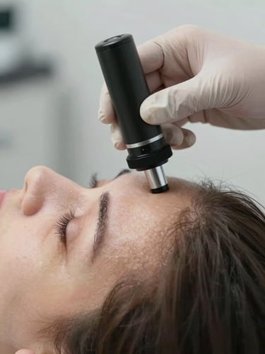 Extreme close-up of a trichologist's gloved hand positioning a dermoscopy lens against a scalp, north-facing diffused daylight from the left, clinical white background visible at frame edge, instruments sharp and scalp texture rendered in precise detail