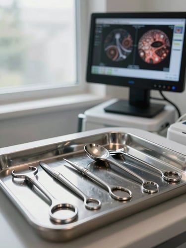 Wide environmental shot of a trichology treatment station: instruments laid out on a stainless tray, a diagnostic monitor showing follicle imaging in the background, north-facing daylight through frosted glass, no people, clinical precision