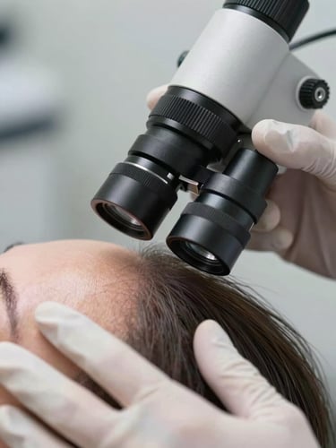 Extreme close-up of a trichologist's gloved hand positioning a trichoscope lens against a scalp surface, north-facing diffused daylight, precise instrument contact visible, clinical white environment, sharp diagnostic detail in the foreground