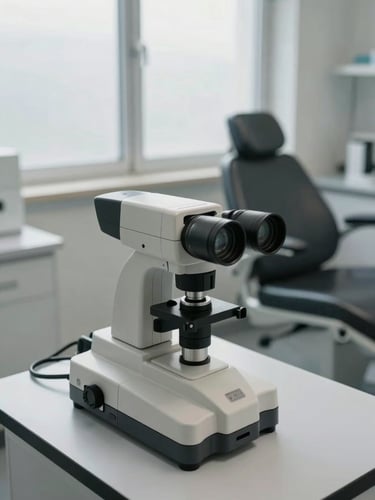 Wide shot of a clinical trichology diagnostic station from slightly above, trichoscope instrument resting on a clean surface, soft north-facing daylight diffused through frosted glass, empty examination chair in the background, muted grey-white tones, no people, laboratory clarity