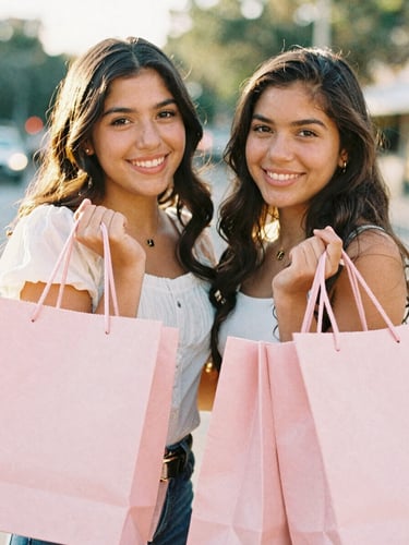 Candid portrait of two smiling Mexican sisters holding beautifully wrapped pink shopping bags, warm golden hour light, shallow depth of field, 35mm film style
