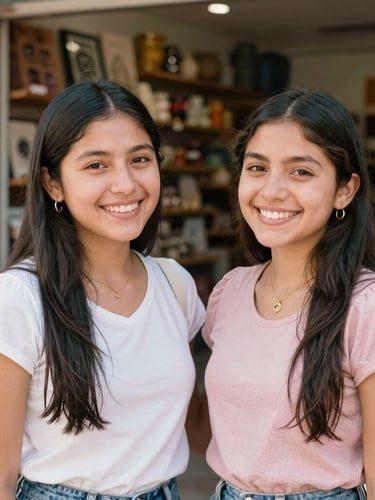 Candid portrait of two Mexican sisters smiling together in a local design bazar, warm natural daylight, soft pastel tones, shallow depth of field