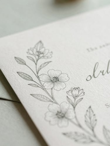 Tactile wedding invitations with delicate fine-line floral illustrations, soft diffused daylight, muted sage background, shallow depth of field
