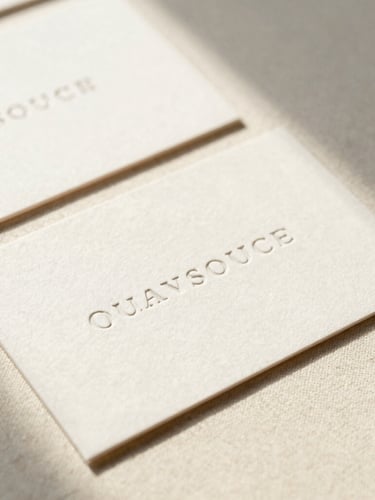 Macro shot of elegant heavy-weight business cards with letterpress typography resting on a warm cream linen surface, soft morning light casting gentle shadows from the side