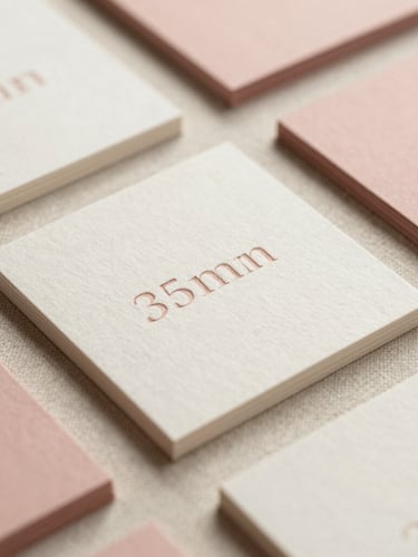 Close-up of elegant business cards on a textured linen surface, soft morning light, warm cream and dusty rose tones, 35mm
