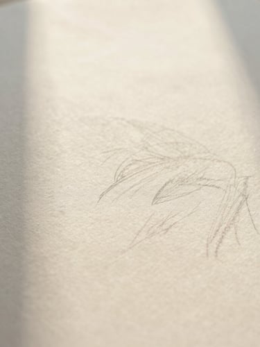 Close-up of tactile fine art paper with delicate pencil sketches and soft morning shadows on a warm cream surface, editorial 35mm photography