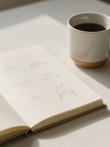 A clean modern workspace with a ceramic cup, open notebook showing minimalist sketches, soft shadows, warm overcast light