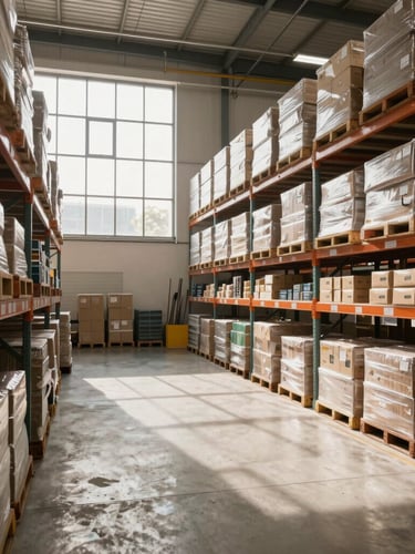 Wide angle photograph of a modern, organized distribution center in Brazil, warm natural daylight streaming through high windows, clean concrete floors, stacks of neatly packaged industrial goods on high shelves.