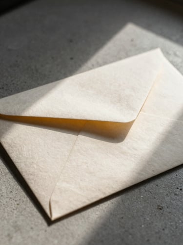 Macro shot of a heavy textured paper envelope on a concrete desk, sharp diagonal shadows, cold natural light, minimal composition.
