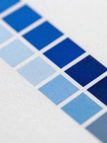 Extreme close-up of a color calibration process on textured premium paper, precise color bars, high contrast studio light
