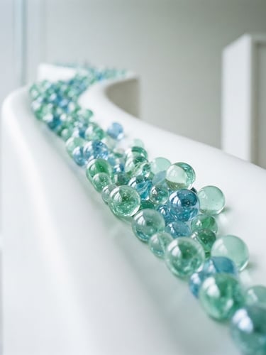 Abstract geometric representation of growth, clean mint green and blue glass spheres cascading down a pristine white slope, soft natural daylight, minimalist composition, shallow depth of field