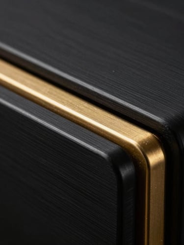 Macro shot of brushed black metal and gold hardware textures, low-key dramatic studio lighting, deep shadows, sharp details