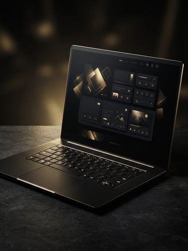 Sleek modern laptop displaying a dark-mode website mockup, dramatic low-key studio lighting, subtle warm gold backlighting, matte black and brushed gold tones