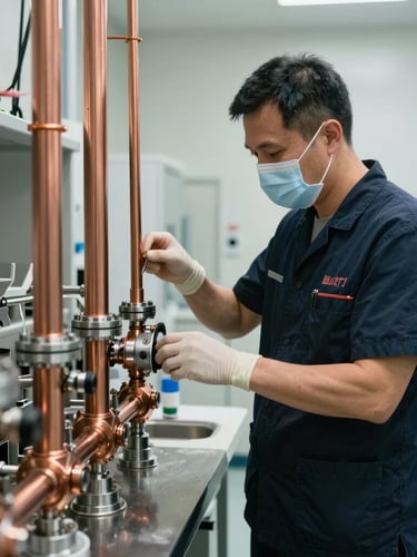 Bright clinical wide shot of a technician in a dark navy uniform wearing protective shoe covers adjusting a clean copper pipe assembly.