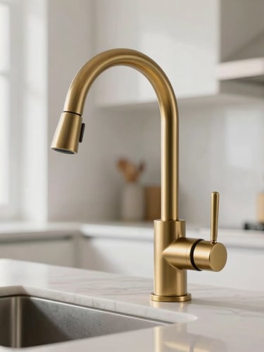 A close-up of a high-end brushed brass kitchen faucet in a bright, clinical, modern penthouse kitchen, sharp architectural lines, soft natural daylight reflecting off the metallic surface.