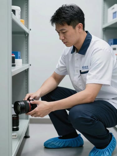 A close-up of a clean-cut technician in an immaculate branded uniform wearing protective blue shoe covers inside a pristine office utility closet