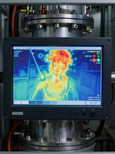 Close-up of a technical diagnostic screen showing thermal leak detection imaging inside a modern high-rise utility shaft, sharp clinical lighting