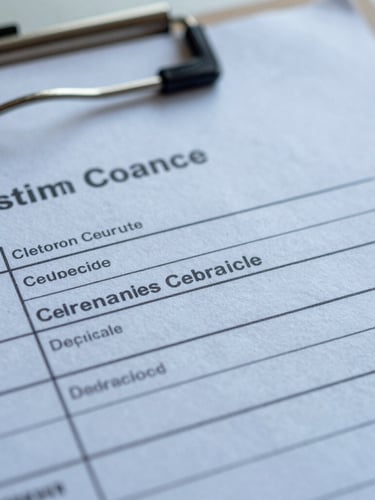 Macro close-up of a stamped customs clearance manifest on a steel clipboard, cold morning light, sharp focus on official regulatory markings, desaturated blue tones