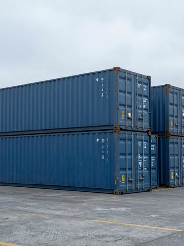 Wide environmental shot of a modern Canadian container terminal under cool overcast daylight, steel blue tones, sharp focus, 35mm