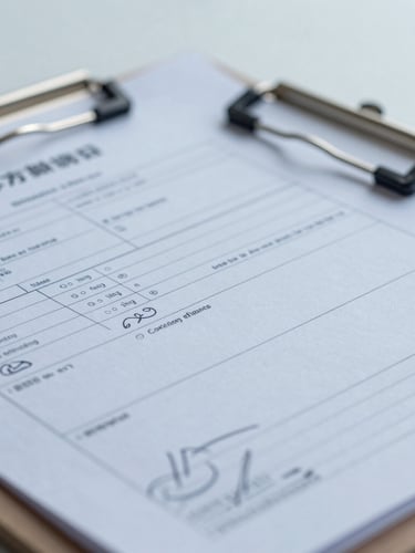 Macro close-up of industrial shipping manifest on clipboard, technical stamps and signatures visible, cool overcast daylight, sharp focus.
