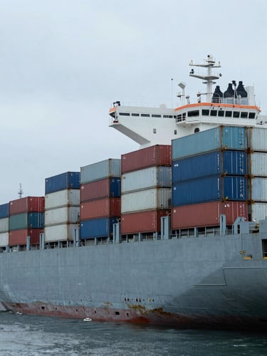 Wide-angle crisp industrial photography of a massive container vessel docked at a Canadian transit hub, cool overcast daylight, desaturated blues and steel tones, sharp focus, 35mm