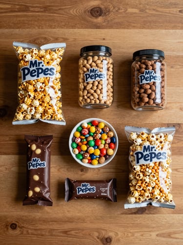 Clean overhead flat-lay of five distinct Mr. Pepe's product varieties arranged on a natural wood surface — a bag of caramel popcorn, a jar of coated peanuts, a bowl of candy-coated confections, a bar of chocolate-covered snack, and a small bag of popcorn supply kernels — warm directional natural light, no props, generous negative space at edges