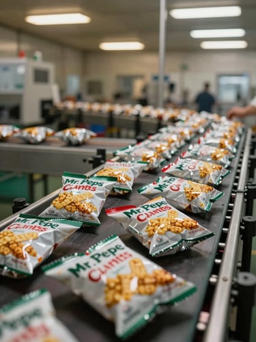 Wide shot of sealed Mr. Pepe's snack bags moving along a production conveyor line in an ordered factory setting, warm overhead industrial lighting, bags sharp in foreground with line receding into background