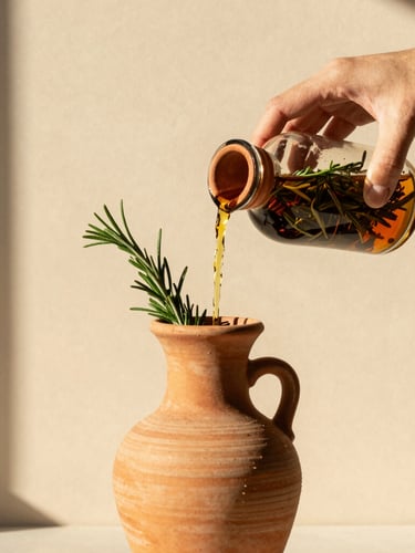 Portrait shot of hands pouring a rich, rosemary-infused botanical oil into a newly fired terracotta bottle, warm sun-drenched studio backdrop, high contrast.