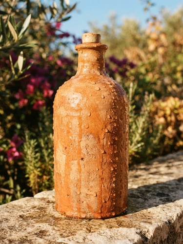 Close-up of a hand-glazed terracotta ceramic bottle dripping with morning water droplets, warm Mediterranean sunlight casting strong shadows, 35mm lens